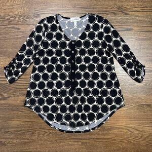 Joseph Ribkoff Blouse Women 12 Black White‎ Circle Tunic Top Roll Tab Sleeve